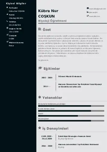 Biyoloji Öğretmeni CV Örnekleri cv indir